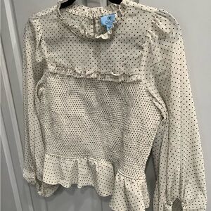 CeCe Cream Polka Dot Ruffle Roushed Blouse
